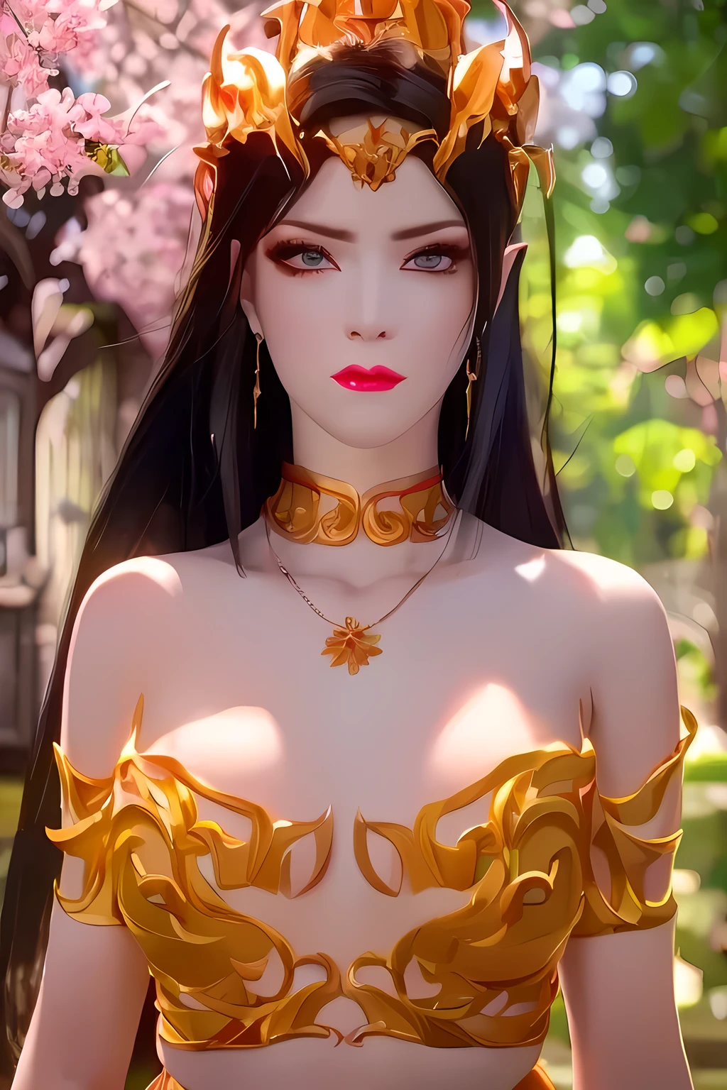 One 20 year old girl, breast 1.1, navel,upper body,bare shoulders,wears red tube top,red skirt, blue gems,shiny skin,hand in own hair,(mature female),milf, beautiful cai lin, deep blue eyes, jet black long hair, 8k resolution high quality,background: around the garden surrounded by Sakura trees with fluttering sakura petals, from head to thighs, hourglass figure, bare round shoulders, exposed midriff, a tilak on her forehead,ornamental logo on her forehead, snake crown, necklace, earings with blue gem, long black hair bangs, pointy ears,golden bracelet,Bright lightening under the sun through sakura canopy. High quality 16k resolution,( HDR :1.5), cinematic look, ultra-detailed,ultra lightening, (photorealistic :1.2), long thin straight eyelashes, dense black eyelashes,sharp eyes, diamond shaped head, straight nose, closed heart shaped lips, lean in pose, front view pose looking at viewer, sexy, strict icy expression