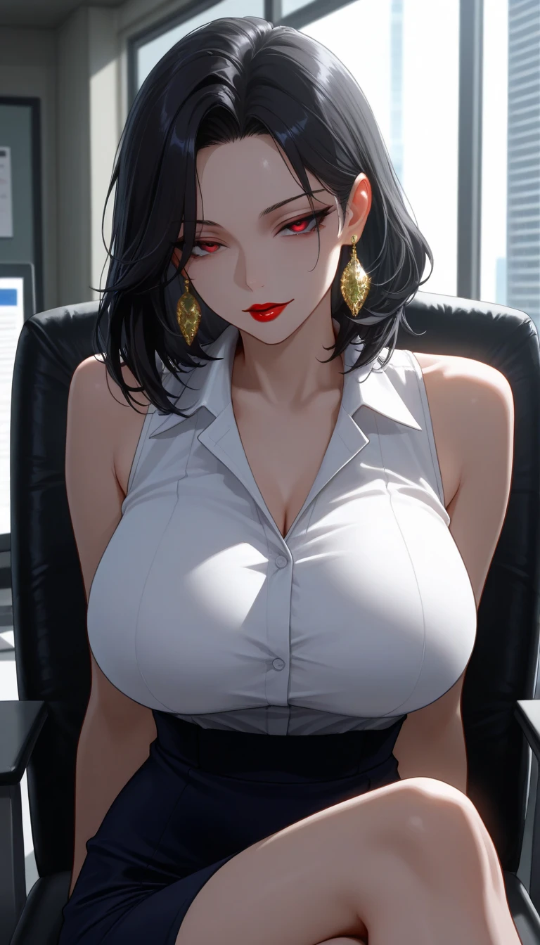 masterpiece, best quality, sunset, cowboy shot, mature woman, bob hairstyle, black hair, mature face, hot face, sharp eyes, perfect body, hazel eyes, business clothes, looking at viewer, very close to viewer, face to face, tough appearance, in the office
((looking serious), oversized earrings, earrings , cleavage,full body view , delicate necklace ,red lipstick