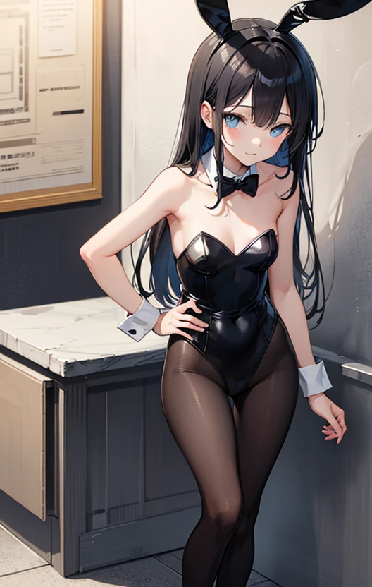 Best quality, 8k, 1 girl, beautiful detailed eyes, Lora_Sakurajima_Mayo, Sakurajima_Mayo, Anime girl wearing black satin silk strapless leotard and stockings with high heels, bar counter, bare arms, full body photo, must show the whole body from head to toe, single color black rabbit ears, ( white collar) with (((fine bow tie))), (detachable white wristbands), short torso, slender hips, (((wasp waist))), well-proportioned female body, very pretty face, splendid maiden, pretty and beautiful, masterpiece, best quality, sharp focus, cinematic lighting, Detailed lighting, Looking at viewer, 8k, UHD, Intricate details, Detailed face, extremely detailed, photography, photorealistic, perfect eyes, detailed eyes, realistic eyes, Detailed skin, must show both feet, bunny costume, full body playmate, blue eyes, black satin silk bunny uniform, pantyhose, high heels, bunny ears, white collar with bow tie, white wrist cuffs with cufflinks
