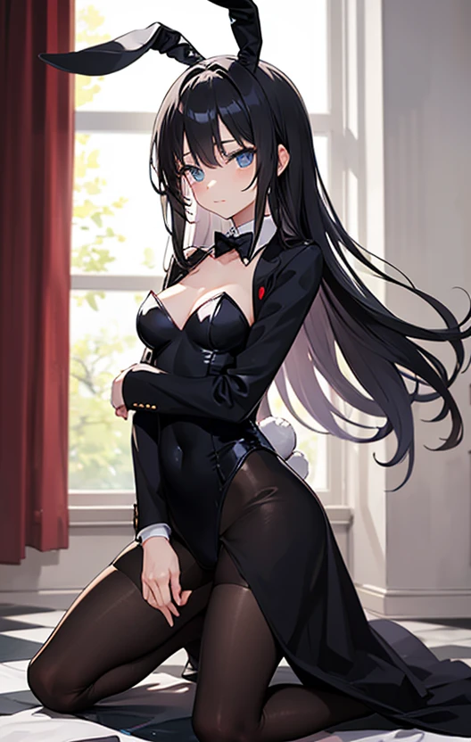 Mai Sakurajima, black hair accessory in the shape of a rabbit, Playboy bunny costume, in a hotel room, pose with one hand on the waist, medium breasts, serious look