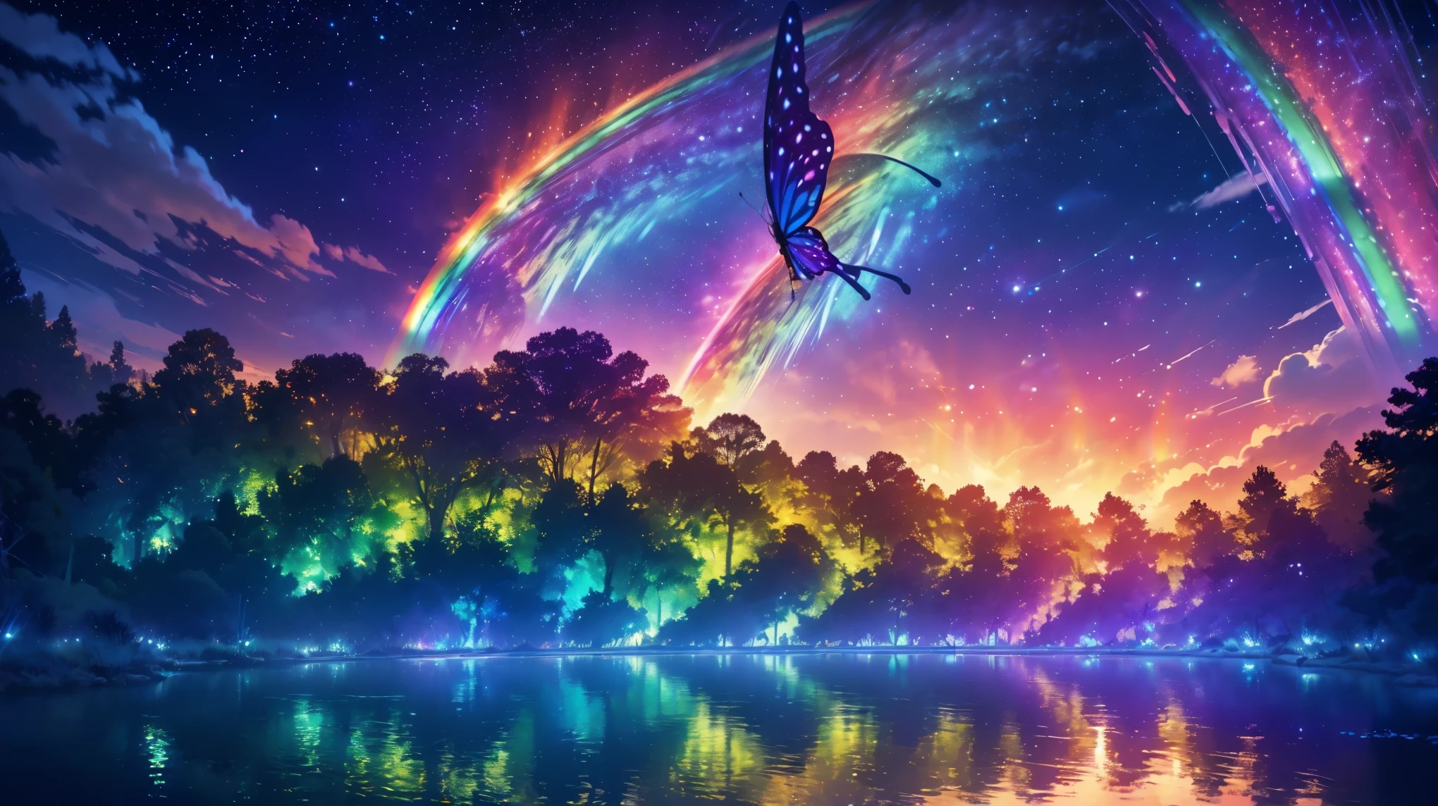 rainbow,超high image quality,high image quality,high quality of wavy lines,Enchanted Mysterious Forest , (Lots of Neon Colored Butterflies),Majestic Atmosphere, Pure blue water river fountain, Golden Mini Fairy, (((emits fluorescent blue, lots of succinants Agave glows))), Extremely beautiful scenery , (Super Real), {Highly Detailed 8k CG Unit Wallpaper}, (Low Perspective Prioritizing the Overall Scene), (Wide々A view of the field ), (Low Angle Shot),(lowlight), (Warm Light Source : 1.0), Intricate Details, (((Seven colors of the rainbow ))), (bright light that emits bubbles), (Atmosphere lighting), nature, Magically Beautiful Scenery, landscape,((Triple Overlapping Rainbows)),