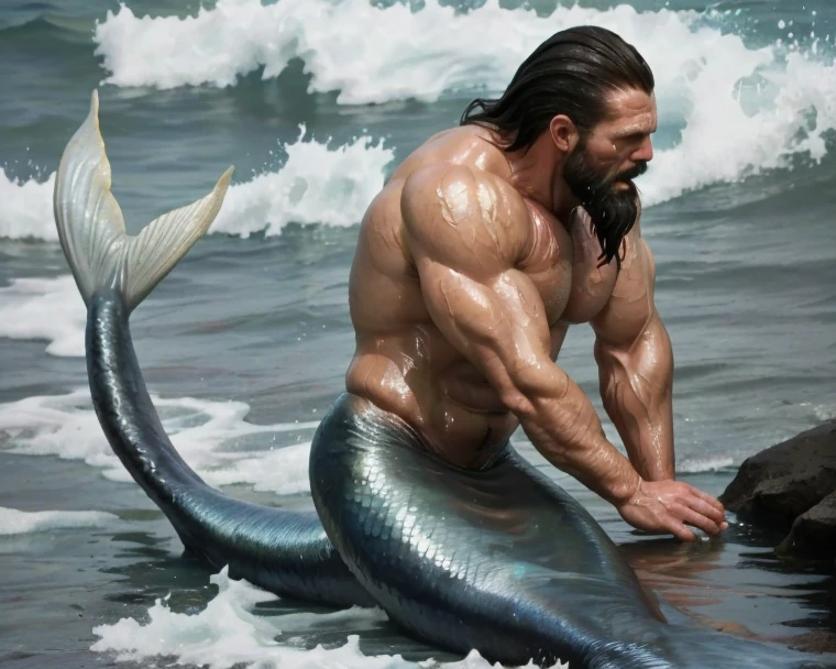 Poseidon God of the sea with big hair and a long beard and with trident in his right hand above the sea