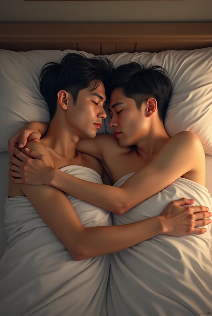 Young handsome naked Asian man kisses and hugs and fucked by big bulge Superman on a bed