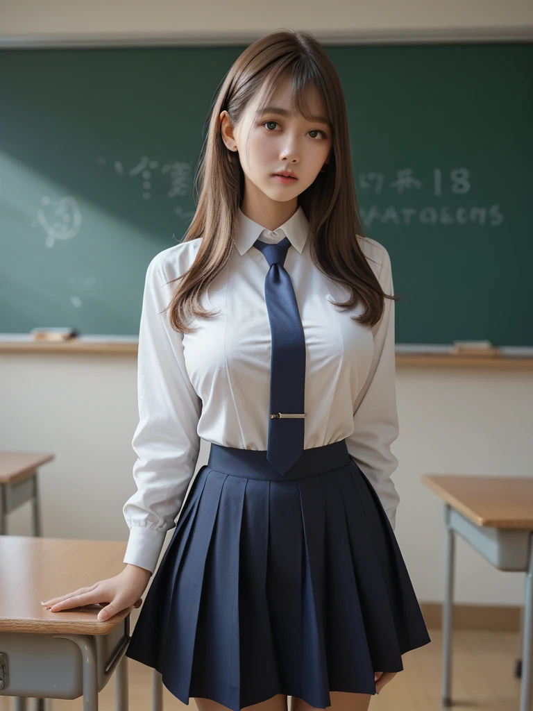 1girl, white skin, korean, young, long hair, bright blue eyes, thick eyebrows, freckles on skin, head tilted, one ear out, smiling, school uniform, wide thighs, wide thigh gap, at school, high detail, 8k, super detail, highres, best quality, high quality, high details, textured skin, masterpiece