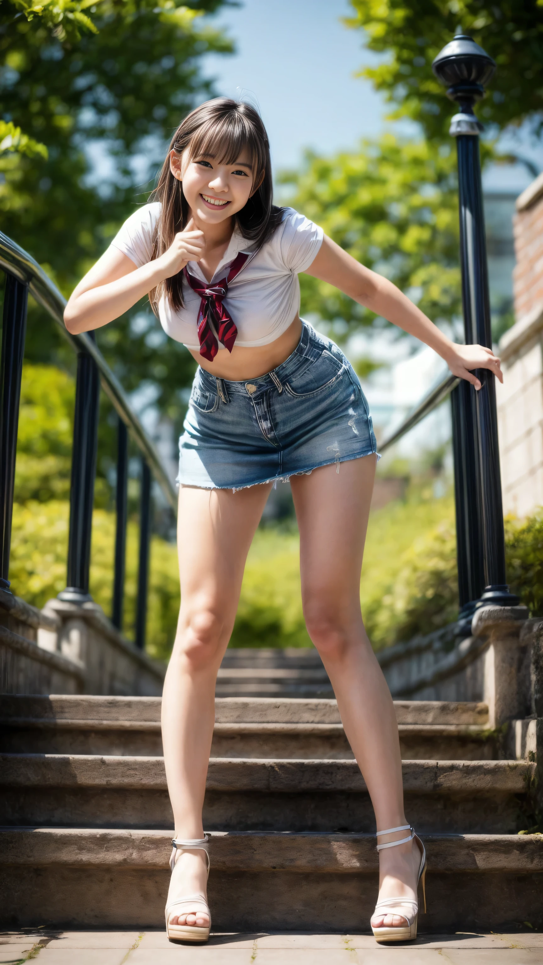 Female college student、22 years old、solo、(Browsing Caution:1.3), ((masterpiece)), ((Highest quality)), (Very detailedな), ((cute)), cute, (Lovely), ((Very detailed)), 4K, (8K), Highest quality, (beautiful), hyper cute face, shape, hyper Genuineistic, Genuine, (((From below))), whole body, Between the skyscrapers, (1 Girl, cute girl:1.5), (Female college studentのファッション:1.5),(Short sleeve summer knit sweater、Pleated skirt)、((White panties))、sneakers、 beautiful light brown hair, beautiful brown eyes, ((beautiful eyes)), (the wind is strong, Hair is shaking, The skirt is flipped up and the underwear is visible:1.3), short hair, (((Big Breasts))), ((Device tick type))、(While wearing (Showing panties to the camera))、