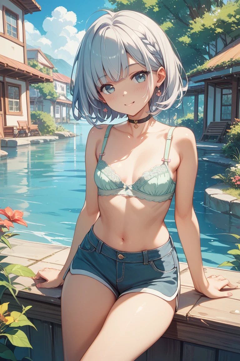 high resolution, masterpiece, precise, best quality, Won numerous awards, high resolution模型,
Silver Hair, Wet hair, Waist-length hair, Hair Bun, Ponytail,
slim、
seaside,
Butterfly Hair Accessories, Crystal Earrings,
Swimwear, Simple bikini,Butterfly anklet standing picture, whole body