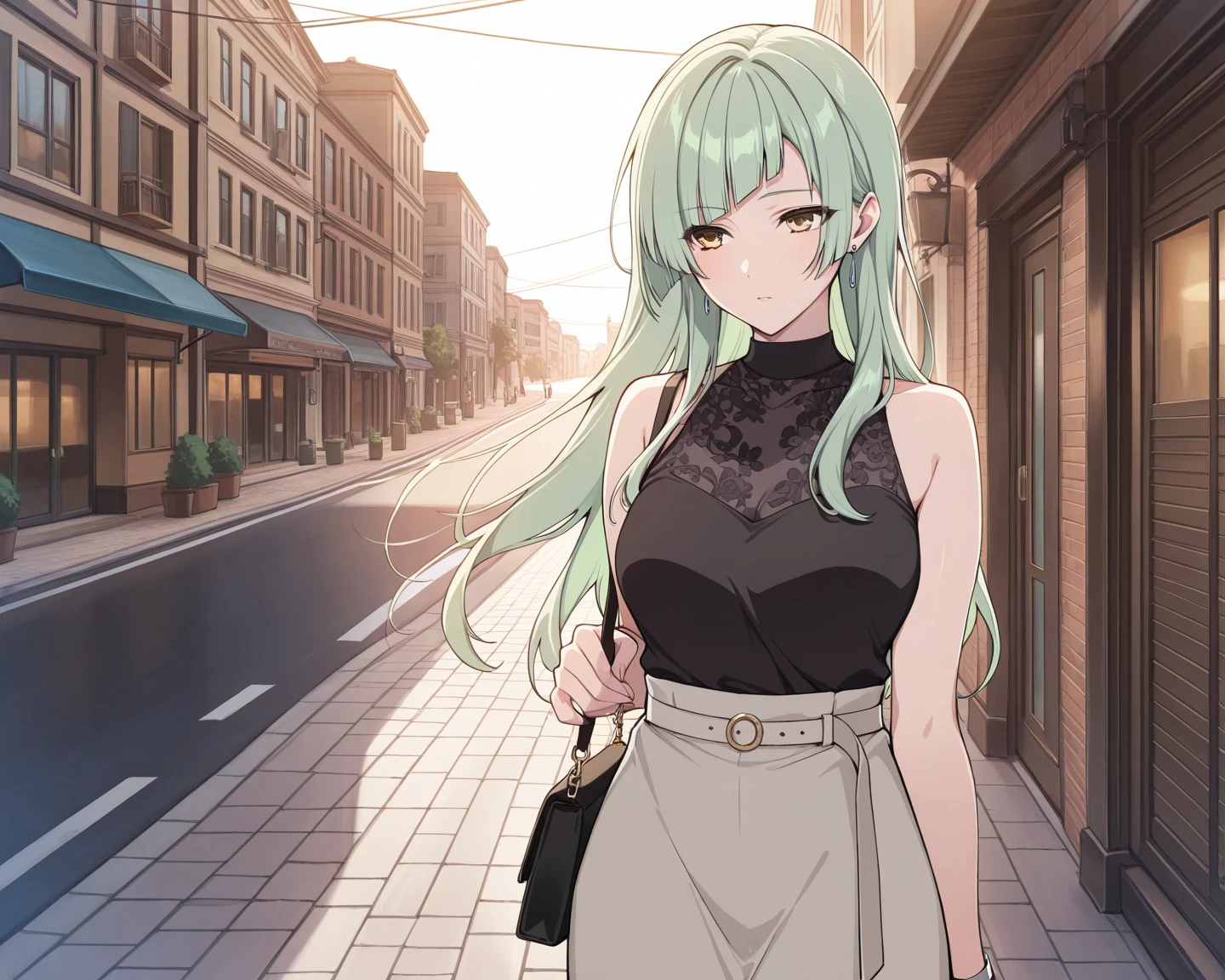 score_9, score_8_up, score_7_up, score_anime, nai3, high resolution image, masterpiece, best quality, anime, 1girl, green hair, yellow eyes, solo, diagonal bangs, long hair, sleeveless, female artist clothes, standing, side bangs, earrings, clear eyes, adult, handbag, street, holding hands, a woman,
Wakaba Mutsumi, ,