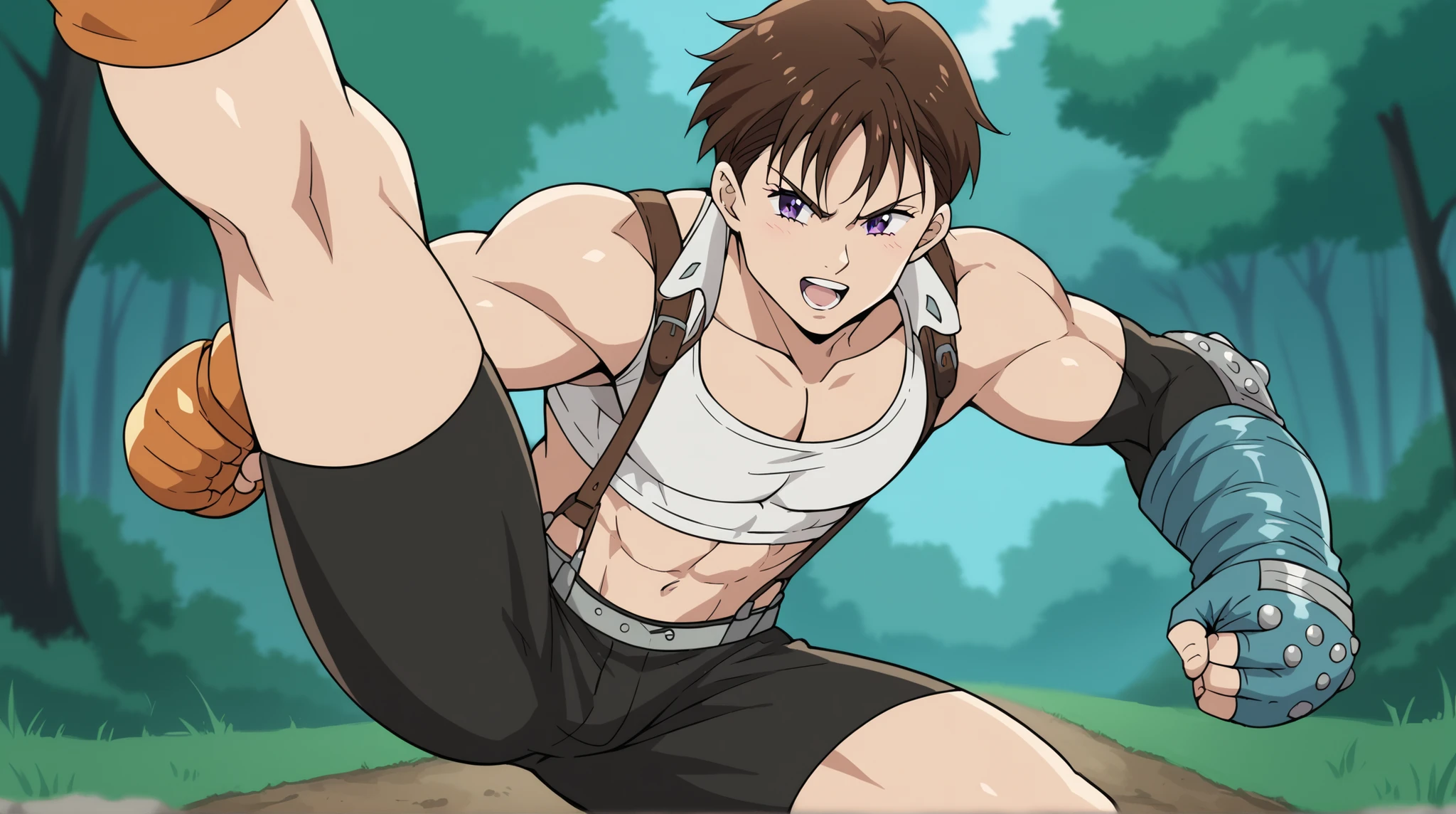 score_9, score_8_up, score_7_up, source_anime, diane, short hair,, 1boy, solo, handsome boy, male focus, brown hair, purple eyes,,, tifalockhartcosplay, a muscular man, tifa lockhart (cosplay),, suspenders, navel, midriff, white tank top, cleavage, elbow pads, crop top, tank top, shorts, short shorts, collarbone, gloves, elbow gloves,,forest, , open mouth, fighting stance, leg lift, leg up, ,
