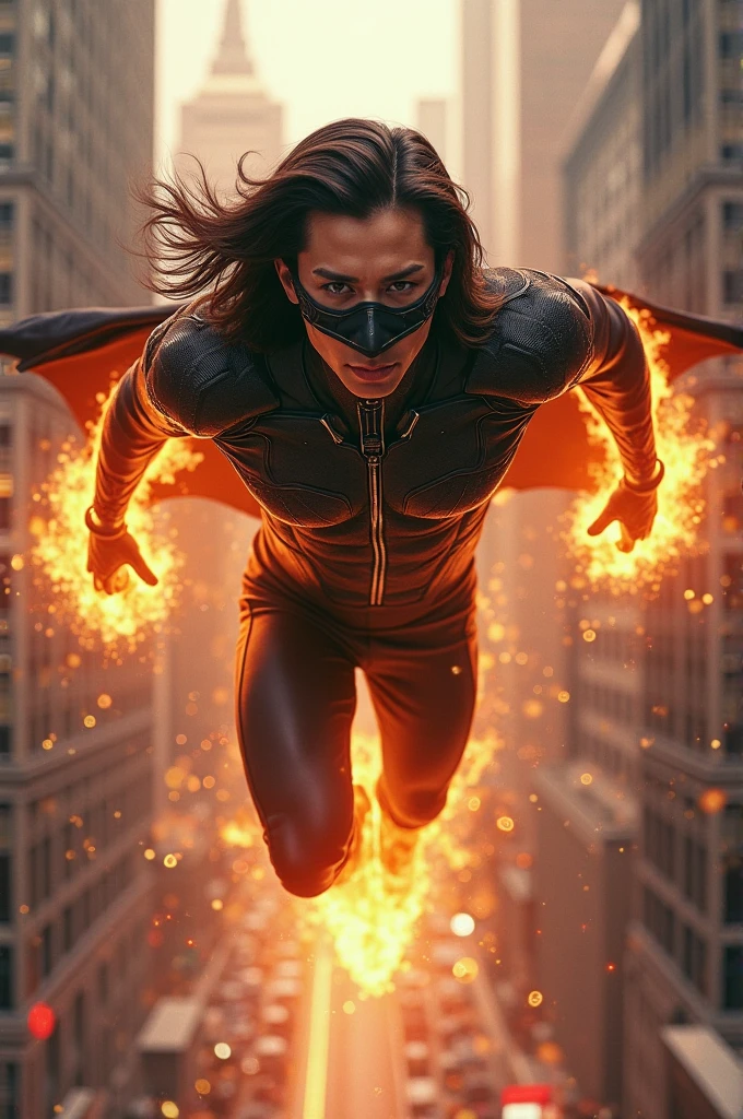 A young marvel superhero with long hair, handsome, with the power of fire, black mask with white eyes, mostly black suit, dark red