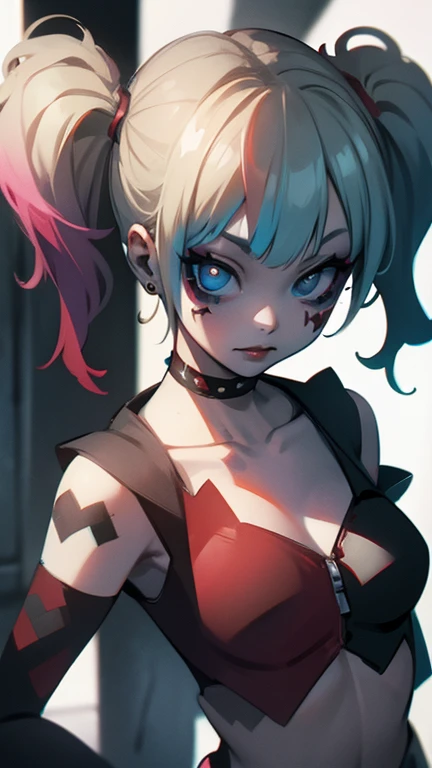 (a young woman:1.2)| (a girl:1.1), dark skin, portrait, makeup, super detailed, Harley Robbie style Harley Quinn, gothan city, straight look, contoured.