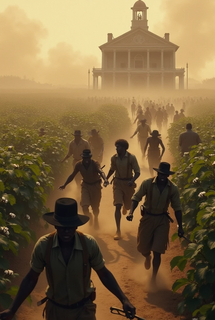 Make a sugar cane field with blacks with their master on a horse watching over them
