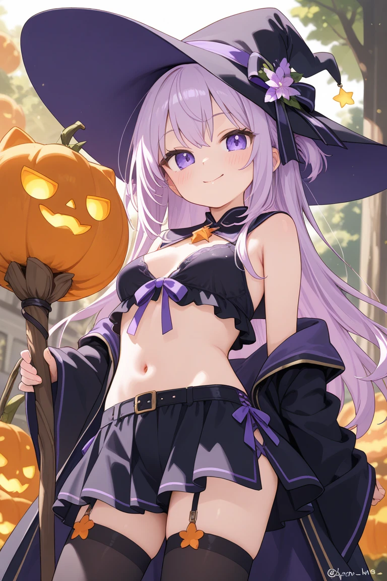 1 girl, game CG, 1 girl, game CG, orange bikini, black witch hat, cloak, hair ribbon, gigantic breasts, light purple hair, long hair, french braid, purple eyes, smile, one arm raised, night , indoors, halloween background,
