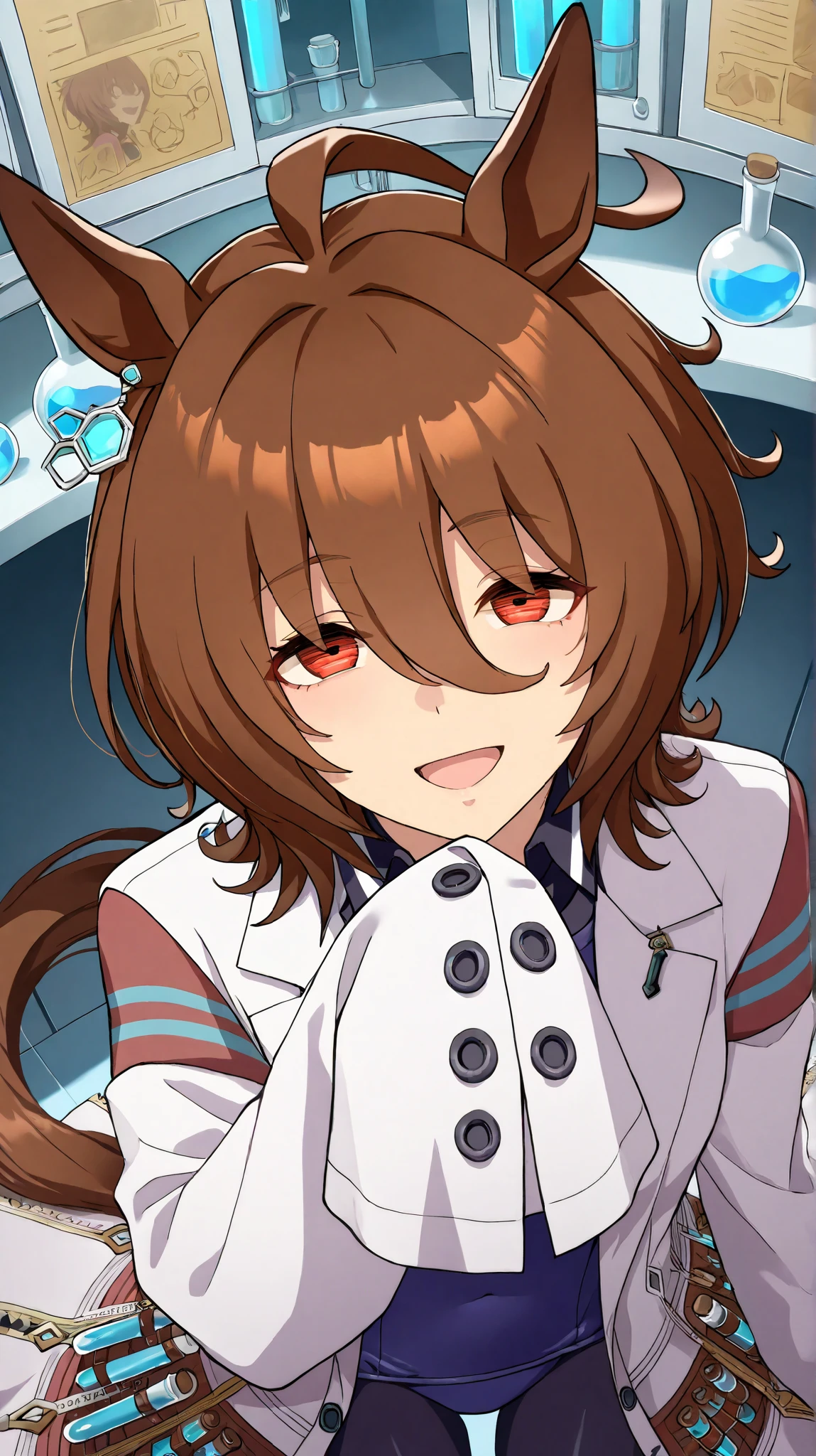 agnes tachyon,umamusume
High quality , best quality , masterpiece, High Resolution , detailed face( LoRA: agnes tachyon),anatomically correct, detailed hair(LoRA: agnes tachyon) ,detailed bangs(LoRA: agnes tachyon),anime coloring
solo, 1 girl,
agnes tachyon, horse ears, horse tail
labcoat, sleeves past fingers, school swimsuit, single earring
close up , looking at viewer ,from above,upper body
Laboratory, flask, experimental tools ,
, smile,blash, excited,open mouth