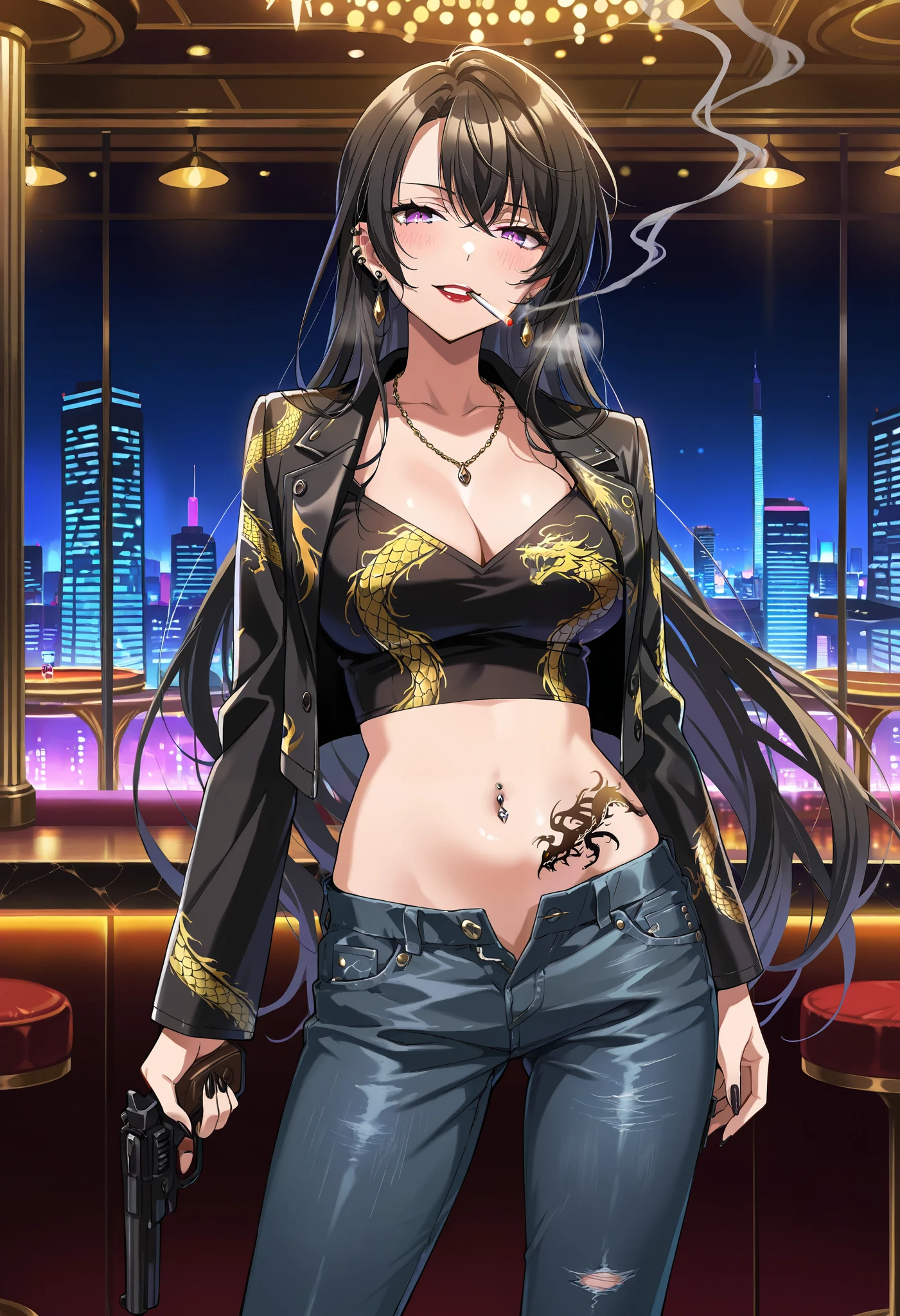 score_9, score_8_up, score_7_up, score_6_up, 1girl, mature female,
himegami, solo, navel, long hair, pants, jewelry, jacket, midriff, earrings, breasts, black jacket, very long hair, looking at viewer, crop top, stadef, , ear piercing, long hair, blush, lipstick,Hot girl, baddie, smoking, sensual, attractive ,bar
background, inside bar,indoors, cityscape, casino, nightclub, city lights, masterpiece,high
quality,4k,belly,,holding pistol,cleavage, unbuttoned shirt, shirt, knot, smile, open mouth,
(nsfw) not safe for work, evil expression,belly, exposed navel, exposed midriff, exposed lower
belly, ,dragon print jacket, unbuttoned jeans , low rise black jeans, Low rise
jeans with open fly, navel piercing ,dragon tattoo, narrowed eyes, tattoo midriff,