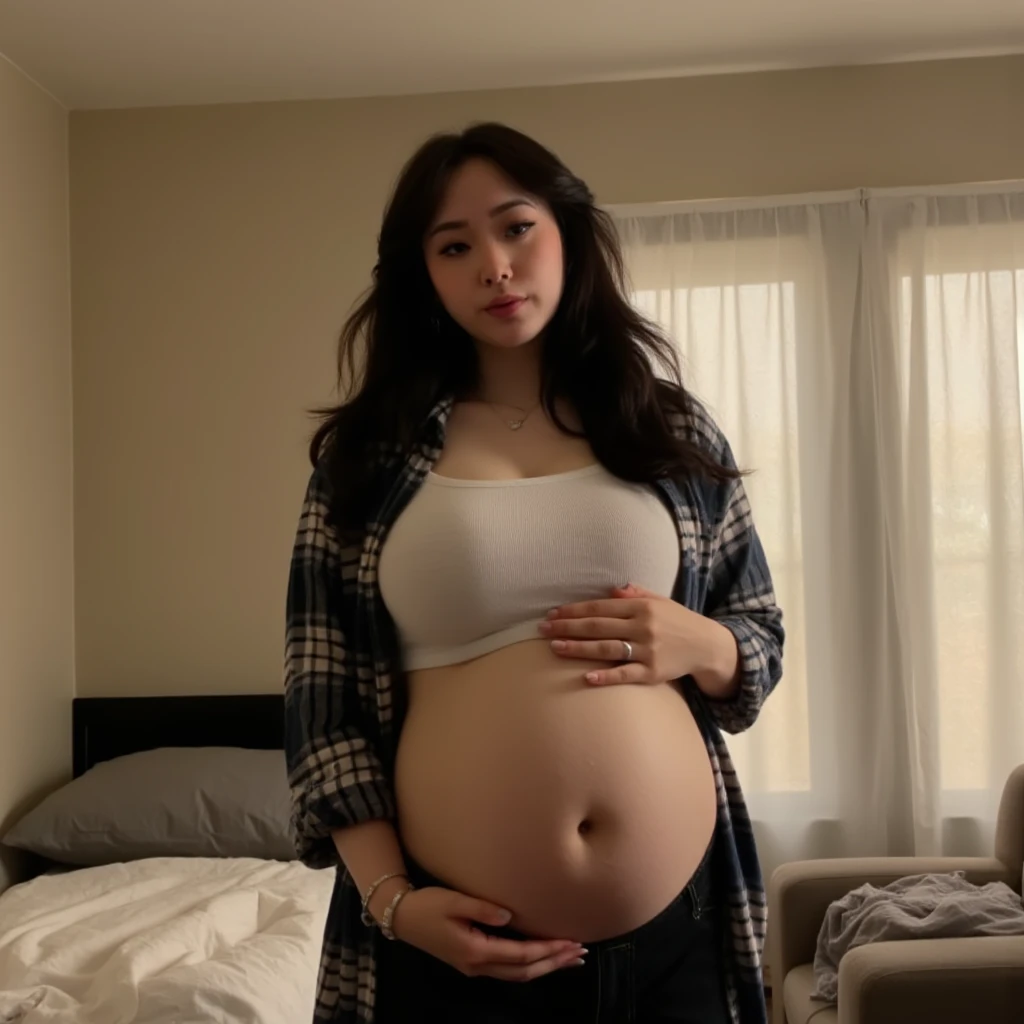 beautiful pregnant female long hair , bedroom, ride vibrator