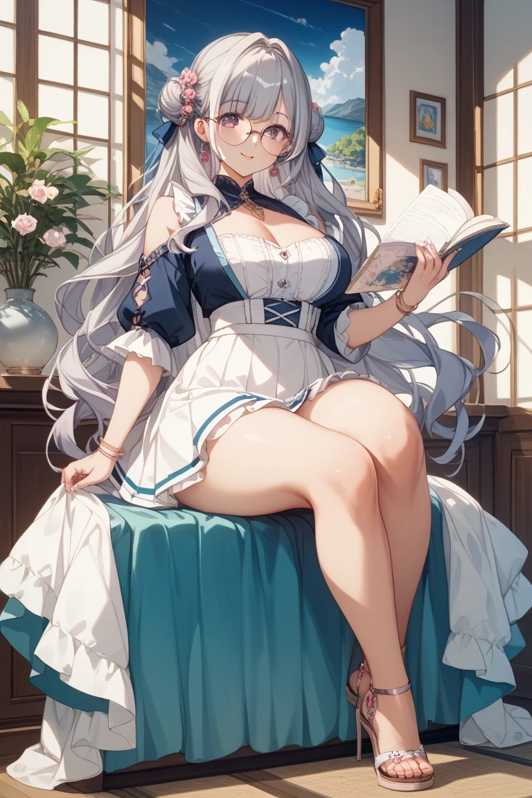 Plain white with breasts highlightedTshirt、Breasts visible from the neck、Ultramarine and white striped mini skirt、White frilly cute underwear is visible when the skirt is lifted、barefoot、library、Three girls with different heightagical girl with a magic wand