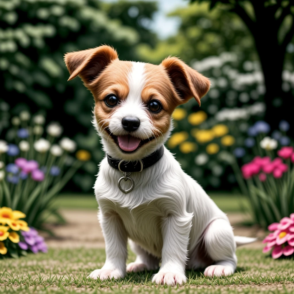 digital artwork of jack russell terrier cute stylish garden photo shoot smile , best quality, highres, 4K