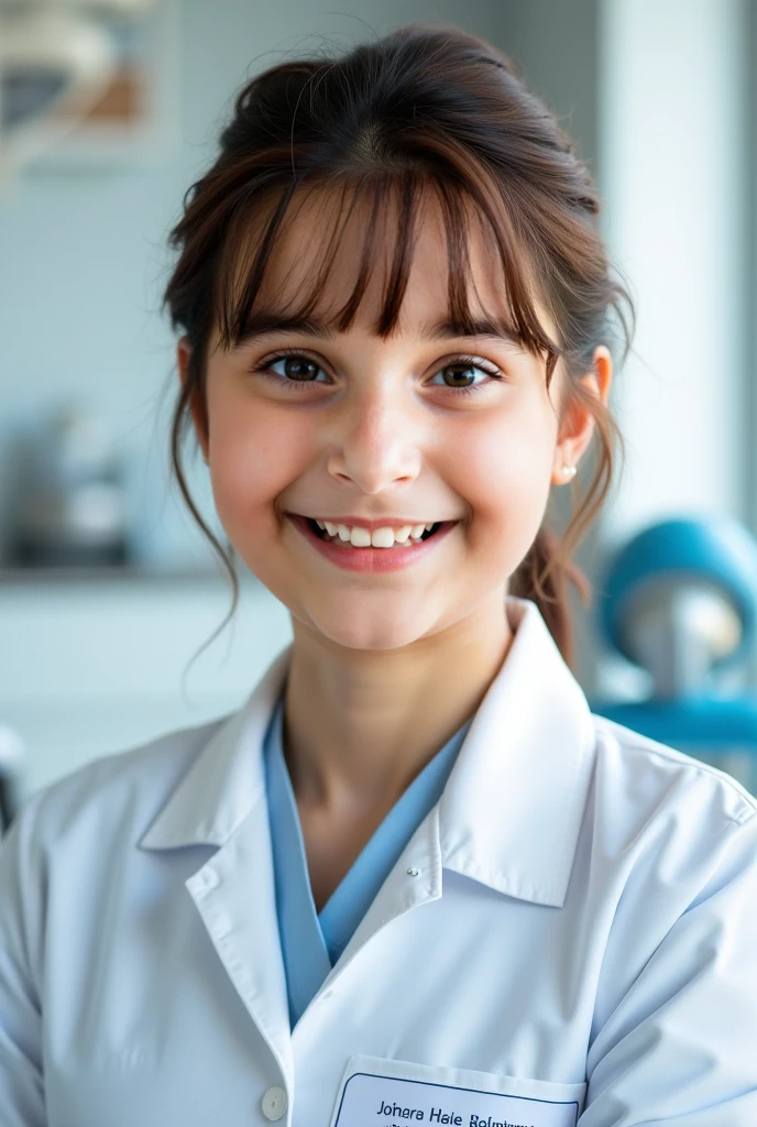 ((Melhor qualidade)), ((obra de arte)), (detalhado), rosto perfeito, old wearing a lab coat, distante da foto, feliz, sorrindo, em um hospital, fundo com desfoque gaussiano, ultra realista, melhor qualidade, melhor imagem, 4K, Young , use as seguintes cores: #FAD100 #F5572A #F88646 #3E9FAF #267A8F