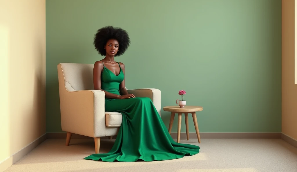A black princess with curly hair wearing a green princess dress, with a gold necklace with a green jewel and green heels at a ball alone and calm, with a crystal glass of wine, Sitting on a fancy sofa