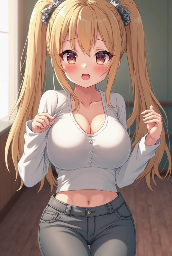 [1girl, my akiyama, K-On!], (goblin slayer!), (throw_hand, pink vibrator remote switch in throw_hand, throw:1.2), Highest quality, Super detailed, masterpiece, Ultra-high resolution, 8K, Ridiculous, Cowboy Shooting, Blurred, Focus on the girl, Embarrassing, blush, Lovely, Open your mouth, What saliva leaves behind, Wet skirt hem, (Sticky panties:1.1), Bulging of the vibrator cord, Vibrator with Garters, (cleavage), Classroom Background, The skirt is accidentally exposed,(large breasts), (crop top navel), (waist line), Accidentally exposed panties
