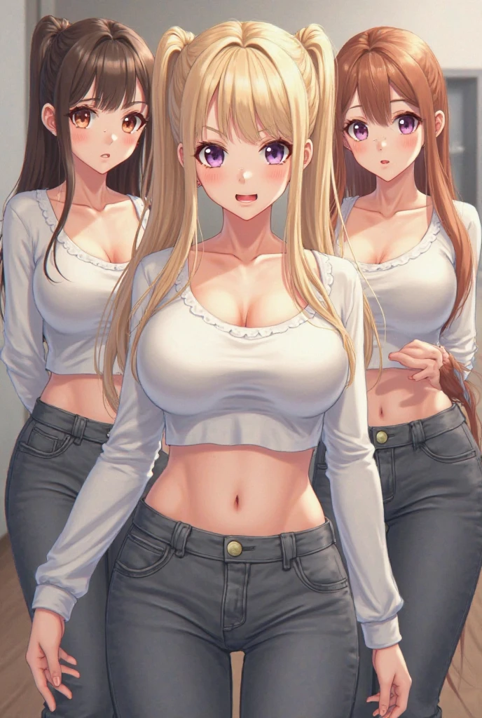 two girls, a blonde girl with green eyes, second redhead girl with blue eyes, with casual clothes