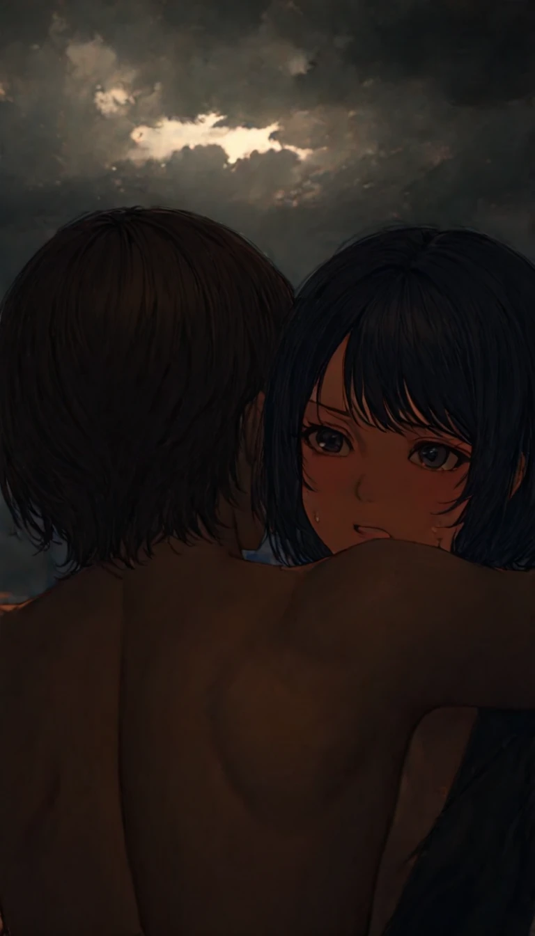 make a woman with short blue hair naked having sex with a man on a beach dressed as a cowboy