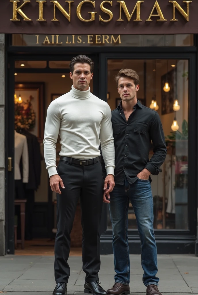 <lora:Kaked:0.8> k4k3, monochrome, two men, stubble, cardigan, trunks, in a boutique