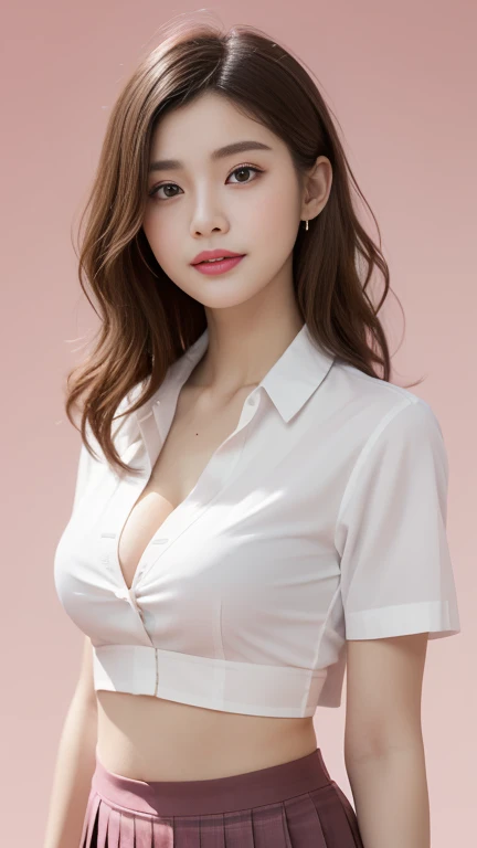 Generate with SFW, (1 girl:1.3), Cowboy Shot, Japanese, 17 year old supermodel, the body is slim, high school girl, (from before), (highest quality:1.4), 32k resolution, (Realistic:1.5), (Ultra-realistic:1.5), High resolution UHD, (masterpiece:1.2)), (Improvement of quality:1.4), (Very beautiful facial details), (Highest quality realistic skin texture:1.4), (Perfect Anatomy:1.2), (Are standing:1.37), ((school uniform)), (( White short sleeve blouse shirt:1.21)), blouse is cleavage cutout, , ((Black pleated skirt)), (Do not emphasize the top of the bust), ((pink background color:1.15)), Accurate Fingers, Very detailed, Symmetrical eyes, Fine eyelashes, Thinly trimmed eyebrows, View audience, Natural Makeup, [Pink lipstick], ((A good eye for quality:1.2)), (tired, Sleepy and satisfied:0.0), (Beautiful Lips:1.33), (Great nose:1.2), ((Physically Based Rendering of the Background:1.37)), (medium breast), Tight waist, (Heavy chest:1.05, slim lower body), Brown Hair, bangs, (natural wave hair :1.37), , Gentle light illuminates the face and body, Spectacular and inspiring cinema lighting, arms at sides, smirk smile, (black_bra visible through clothes:1.1),