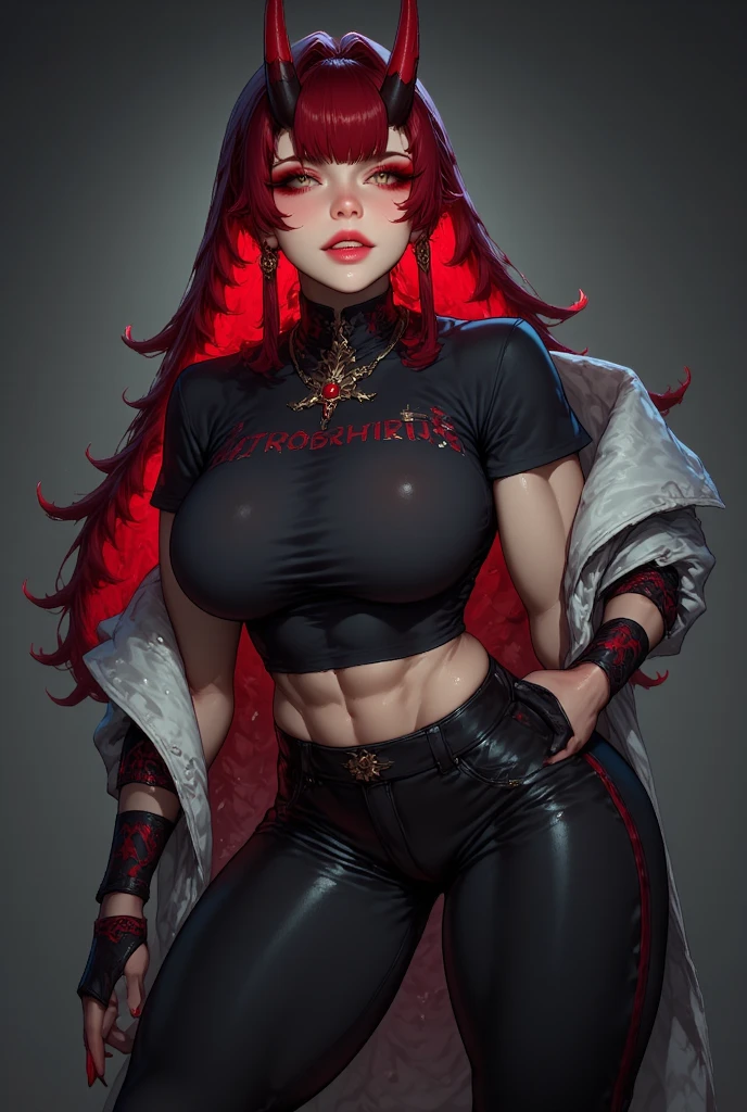 Beautiful girl , rogue hair, slim fit body , crop top , slim waist, tattooed body, red eyes , ear rings