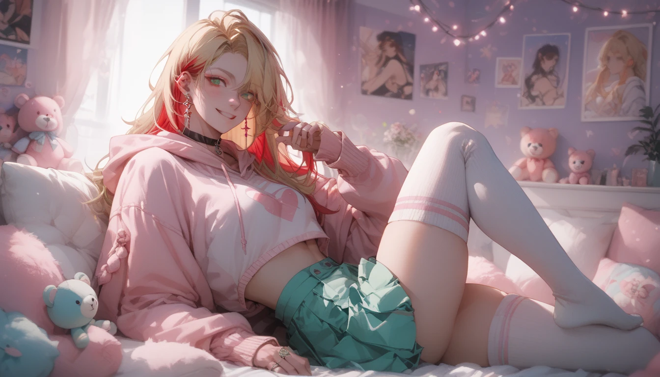 1 girl, Samus Aran, strawberry blonde hair, blue eyes, (shoulder length hair), wavy hair, small breasts, white thighhighs, gentle, gentle light, delicate, green midriff hoodie, pink skirt, happy, bed, no panties