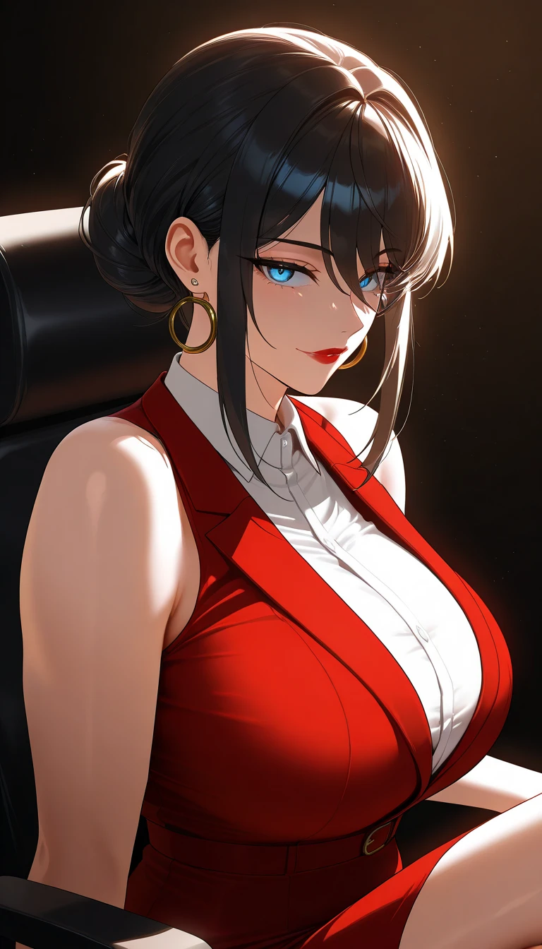 (best quality:1.5, highres, UHD, 4K, detailed lighting, shaders), sky blue braided twintails haired, gradient hair, large breasts,red suit, white T-shirt, white short skirt, mature woman , (pov), black background, colorful eyeshadow, dramatic lighting, sparkling eyes, sensual expression, golden earrings, braided twintails hair, delicate facial features, soft skin, high cheekbones, urban setting, black background, dont look for the camera, sitting on a chair upside down, behind the camera