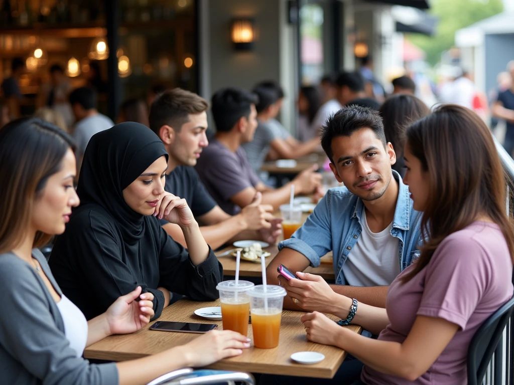 Create an image of a Brazilian man wearing a Brazilian national team shirt and jeans sitting in a cafe, drinking black coffee with her Saudi female friend who is dressed in veil and black clothes, typical saudi women's clothing
