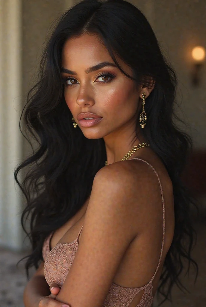 Ultra realistic 8k photograph of Colombian Venezuelan mix girl, realistic face, textured skin, goosebumps, realistic long dark brown straight hair, perfect dark brown eyes, seductive look, modern days, formal attire, studio lighting, professional setting, full body, pictured slightly from below, posing