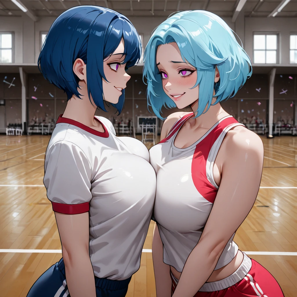(masterpiece),best quality:1.5, ultra-detailed, high resolution, high quality, 16K, ((2heads:1.5)), ((blue hair)), (different hair colors), (1girl), conjoined twins, girl with two heads, (Olympic stadium), ((Olympic athlete)), Olympic outfit, sports oufit, (Olympic tank top), shorts, gentle smile