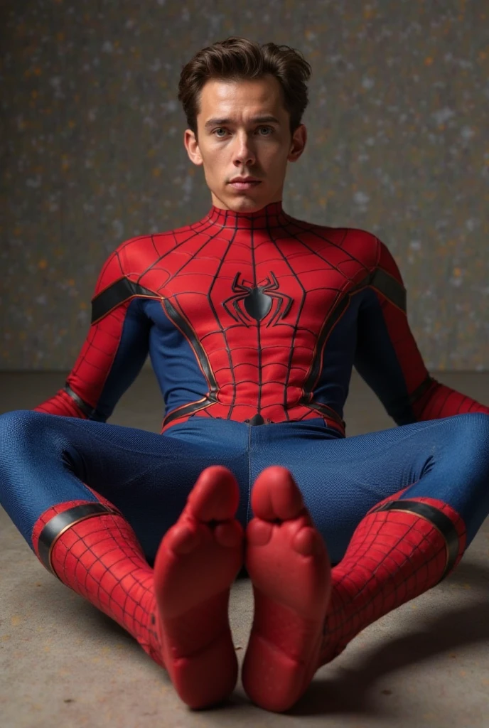 Beautiful man detailed defined body using spider man cosplay,