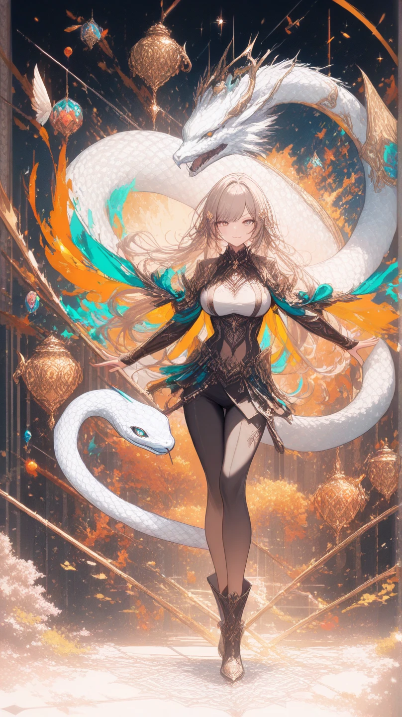 serpent，Colored scales，Mucha，tarot cards（tmasterpiece，best qualtiy，A high resolution：1.4），A detailed，Complicated details，4K，extreme hight detail，k hd，splash of color，line art，Artistically，