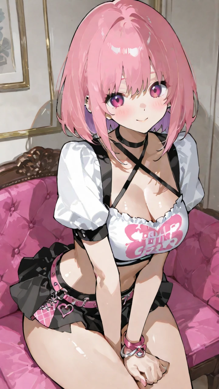 emusu, large breasts, 1 girl pink hair solo pink eyes, looking at viewer, crying, tears, closed mouth, hands on breasts, inverted nipples, closed nipples, large aoerolas, sitting upright on a bed, milk leaking out from nipples, perspired, cum, spread open legs, bewitching thighs, white thigh highs, neck collar, breast milk