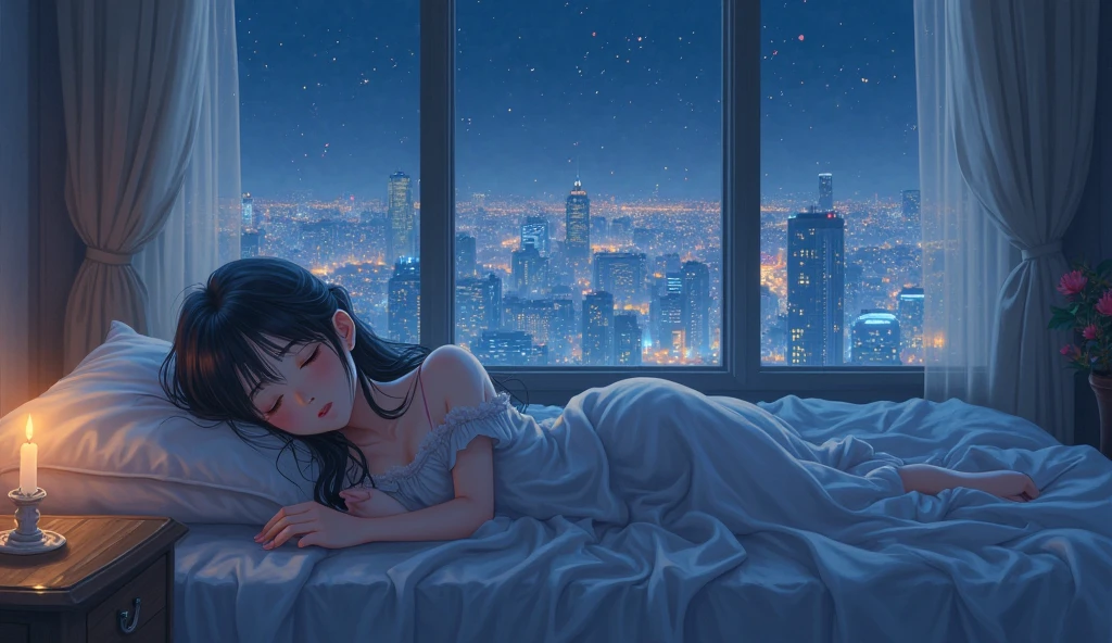 ((Highest quality)), ((masterpiece)), (detailed), One girl, earphone、night、Rain outside the window、Bedroom、Living alone、Dark Room、Looking Outside