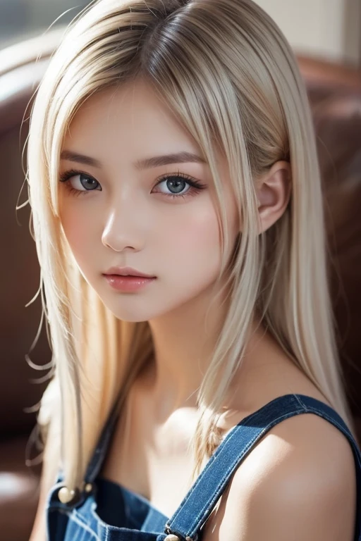 Smile、natta、Raw photography、(((Portrait of extreme beauty)))、((glistning skin))、1 girl、20 year old beautiful girl in Prague、bright expression、((Blue-blonde-hair))、[Big red eyes that shine like jewels]、Glossy glossy white skin、Silky long straight hair、eye liner、Beautiful bangs、Hair between the eyes、((​masterpiece、top-quality、ultra-detailliert、Film Light、intricate-detail、hight resolution、ighly detailed))、Detailed background、8KUHD、Digital SLR、Soft light、hightquality、Film grain、FujifilmXT3 、Shallow depth of field、natural soft light、（No hands）、Kamimei、Lush bust
