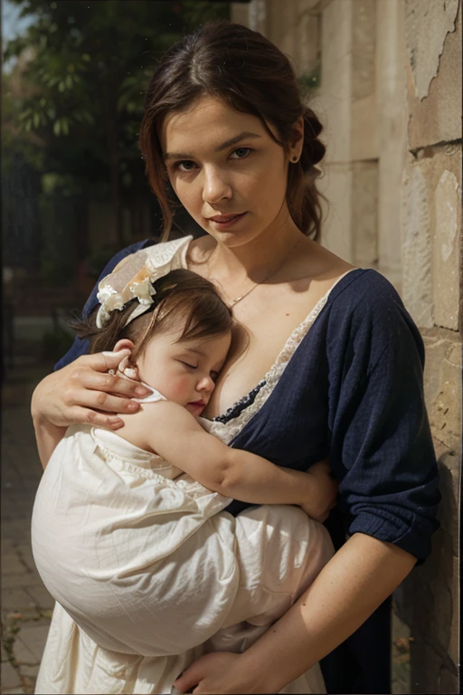 A pregnant woman in a Spanish village, detailed eyes, beautiful detailed lips, extremely detailed eyes and face, long eyelashes, 2 other pregnant women, an angry old woman casting a curse, detailed traditional Spanish architecture, cobblestone streets, hanging flower baskets, blue sky, warm lighting, (best quality, 4k, 8k, highres, masterpiece:1.2), ultra-detailed, (realistic, photorealistic, photo-realistic:1.37), cinematic, dramatic lighting, chiaroscuro, vibrant colors, spanish colonial style