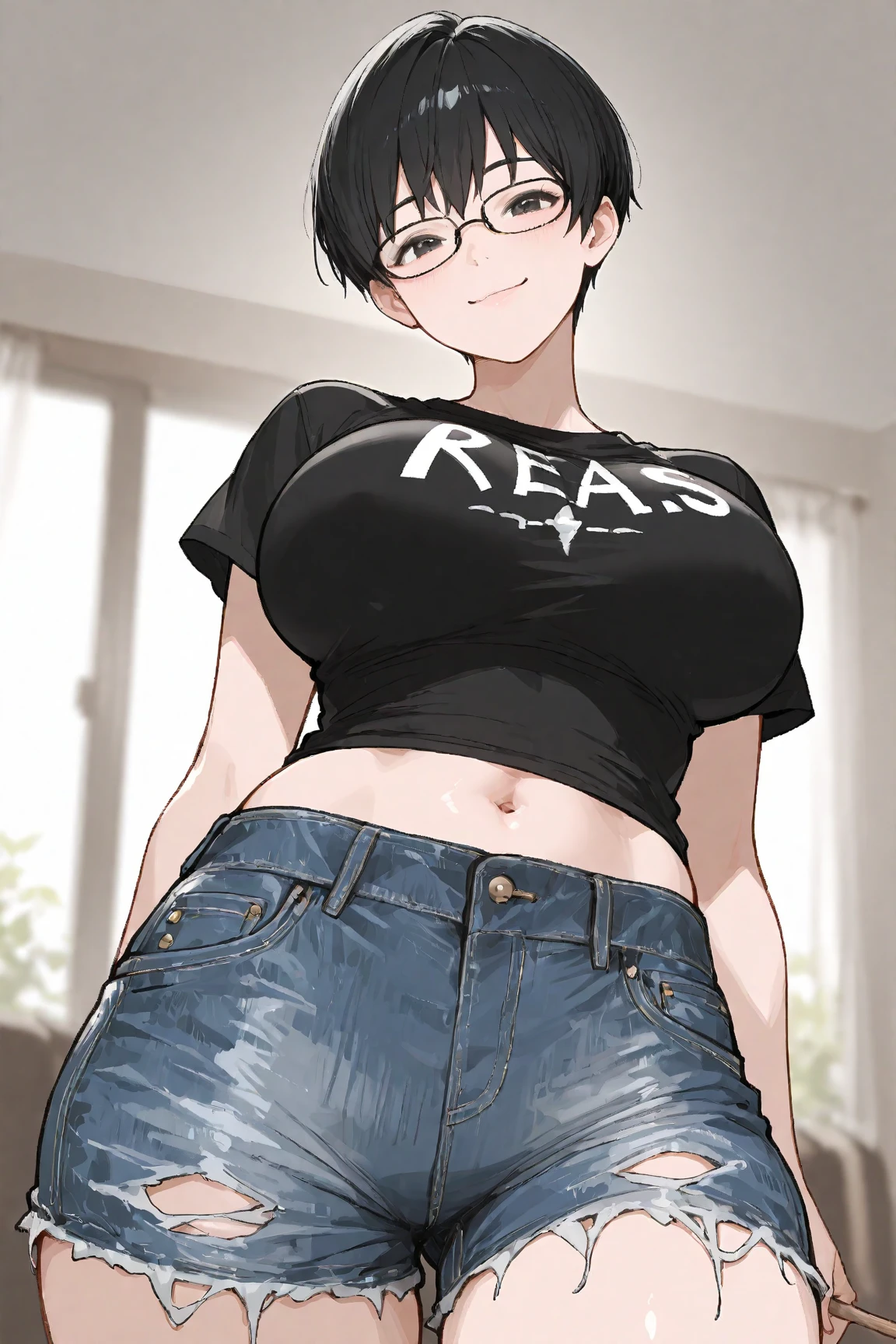 woman sssniperwolf is wearing glasses and choker necklace laying down on the bed, wearing a black top and jeans, best quality