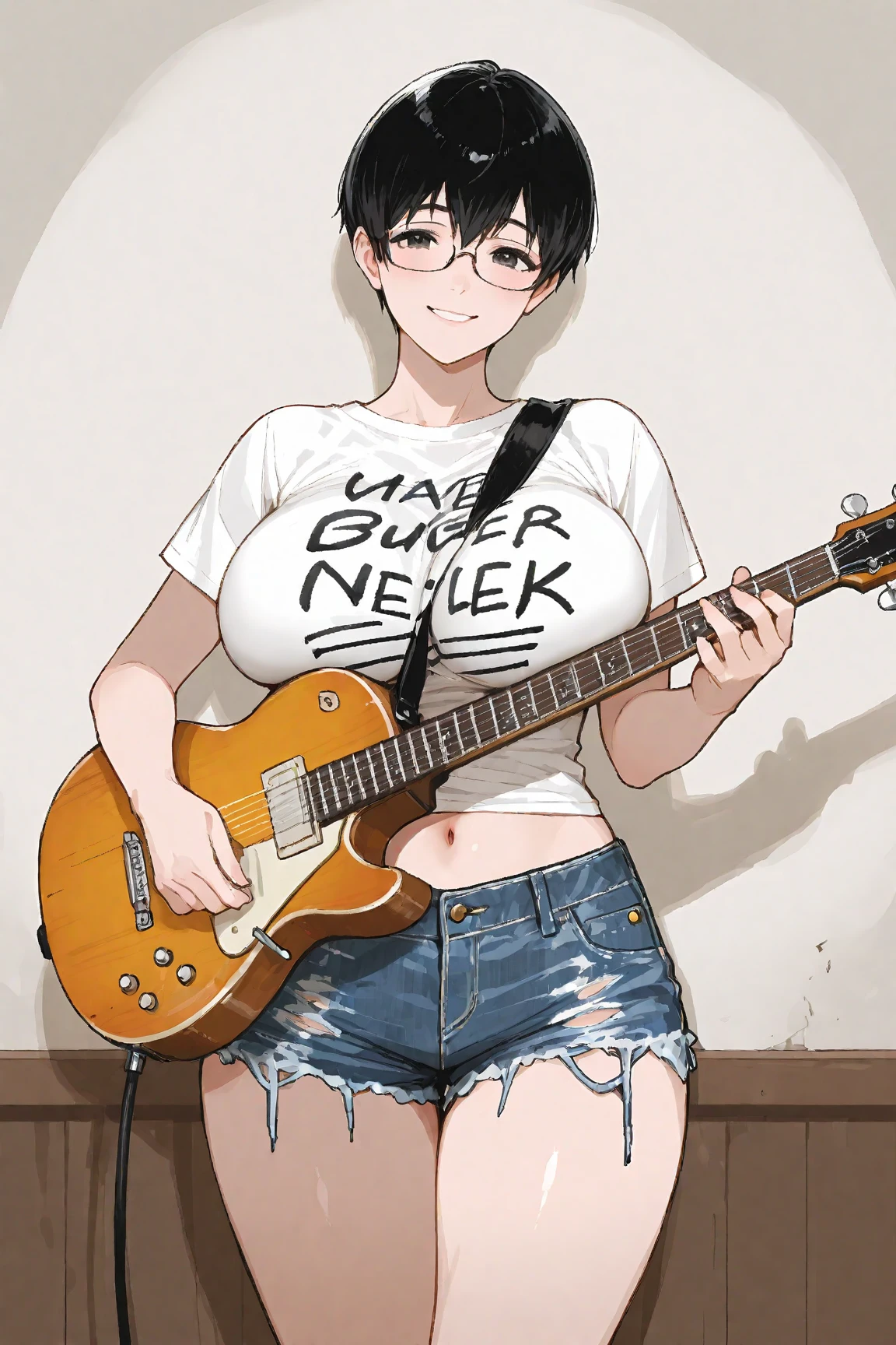 punk girl with glasses, and a dark divide, blue pants, in the garage in the background, with an electric guitar, short brown hair, detailed face, big breasts, high quality, high resolution
