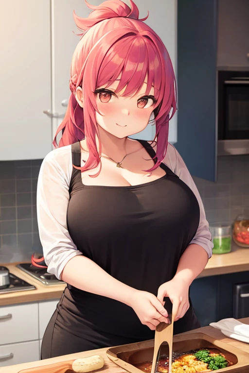 woman, curly red pixie cut hair, green eyes, wearing crop top black shirt, long black jacket, red plaid skirt, black fingerless gloves, exposed shoulders, large breasts freckles, cleavage, abs, looking at viewer, masterpiece, best quality, Holo-Punk Style