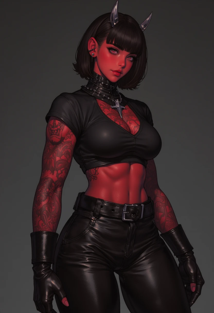 (high resolution, pixel perfect, gorgeous illustrations), (hyper quality, muste piece, etheric: 1.4), ((nsfw)), cowboy shot, face focus, ((1girl)), (boyish, cheeky girl), (((age girl))), (hairy_woman), (((punk))), hot Rocker punk girl, ((((sexy pose, open stance)))), cool atmosphere, yellow eyes, black hair, ((((punk_hair, very_short_hair, slicked_back_hair)))), (((piercing))), eyelid_piercing, nose_piercing, ((Exquisite face, angry)), ((black_lips)), (gothic_makeup), tattoo, ((((muscular_female)))), (ideal ratio body proportions, slender, small breasts), fighter, (((bitch))), shiny skin, gleaming skin, simple background,