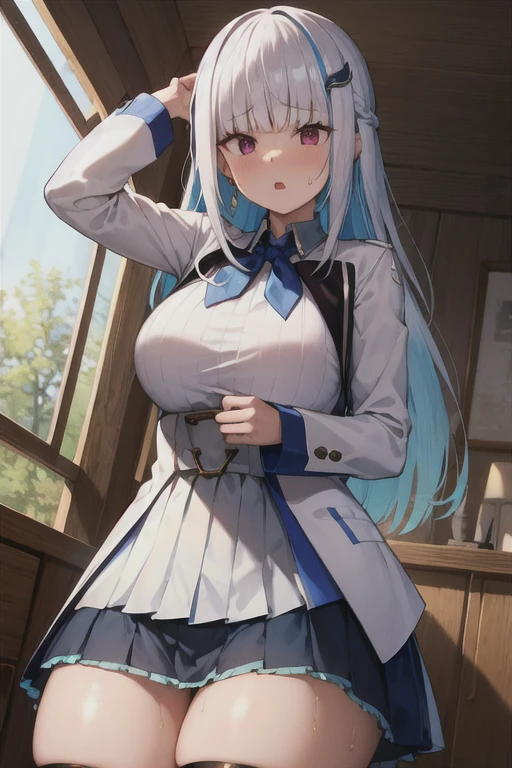 (full body),masterpiece, Highest quality, High resolution, One girl, alone, Grey Hair, Blue eyes, sunfes,band uniform, No sleeve, White gloves, Pleated skirt, Knee-high boots, Cowboy Shot, Hands on hips, smile, Open your mouth, Outdoor