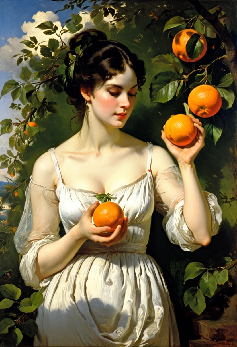 ("Girl with peaches":1.3) — (Painting by Russian artist Valentin Serov.:1.2), (naked:1.4) sits by the table, pussy like a peach, hairy pubis