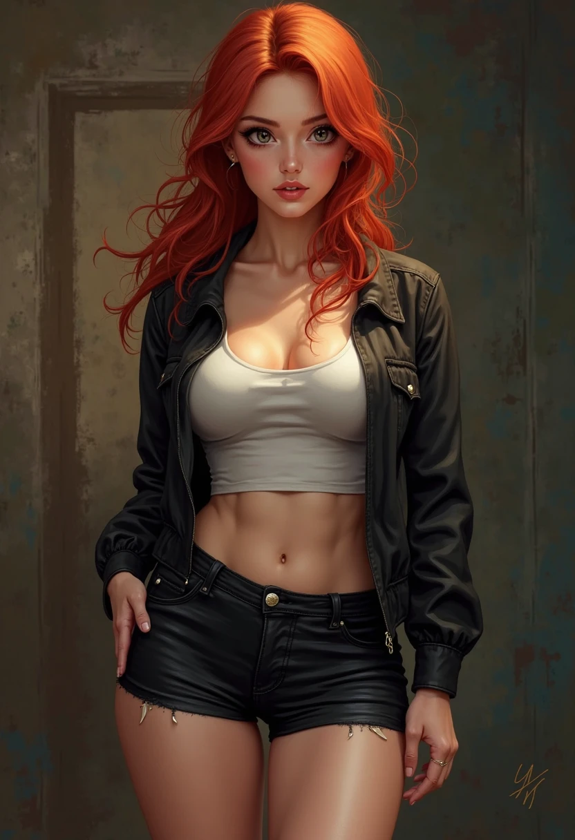 a young aunt with red hair and black gradation wearing a tight t-shirt and jeans with big hips that tempt men and a plump chest and a slim body