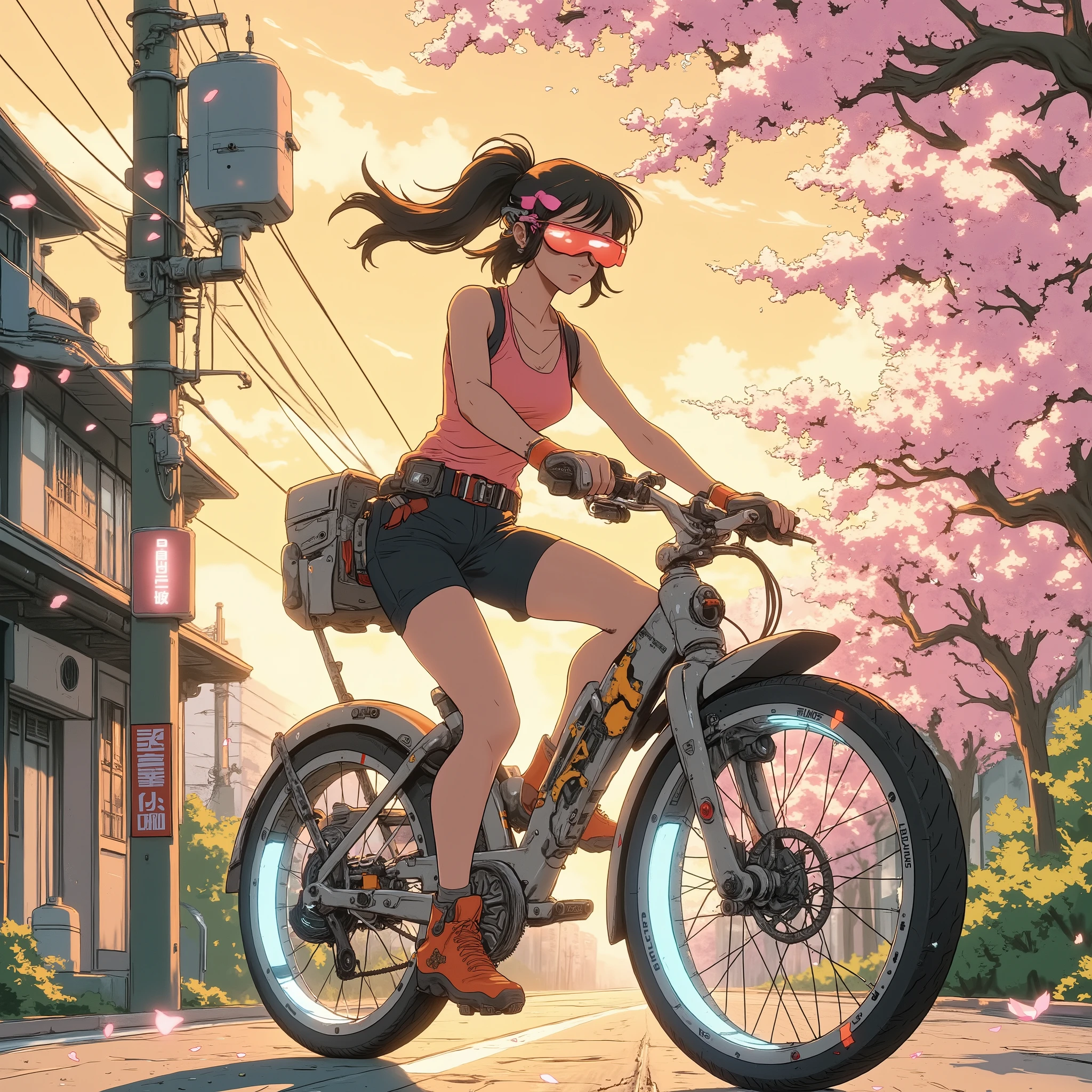 1girl,"from side ,side ,view .from below , low angle,Futuristic bicycle. Focus on Bicycles,. Shorts..Clavicle.. Sleeveless, gloves.A stylish adult woman traveler in a futuristic spring setting, cycling down a cherry blossom-lined road. The scene is cinematic and soft-lit, with cherry petals floating in the wind. She wears a Sleeveless shirt and reflective sunglasses, her bike a sleek futuristic design. The camera angle is low, capturing the glowing sunset behind her. The atmosphere is peaceful, nostalgic, and full of quiet freedom — like a road trip during spring break in a near-future world. Wide-angle lens, shallow depth of field, soft pastel tones, Studio Ghibli meets sci-fi aesthetics,ponytail.