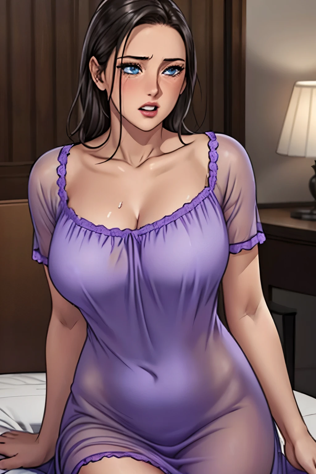 Woman with black long hair, ((standing)) ,(((transparent purple nightgown))), busty, full body, medium breast , big ass, loose hair, beautiful nose, beautiful face, beautiful finger, blue eyes, soft lighting, detailed body, masterpiece, high quality, best quality, milf, mature female 30 years old, sweating, blush face, orgasme, bedroom background, married woman, day time, straddled, looking at viewer.