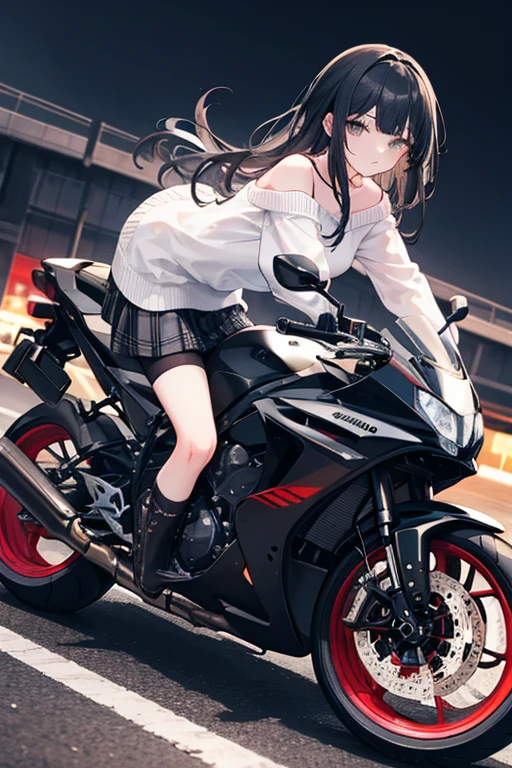 highest quality, 8K, masterpiece,1 girl, very cute girl,Suko Kusanagi, (black hair half helmet:1.3), (ride one bike,black pink motorcycle,),Cyberpunk world,night city,neon,